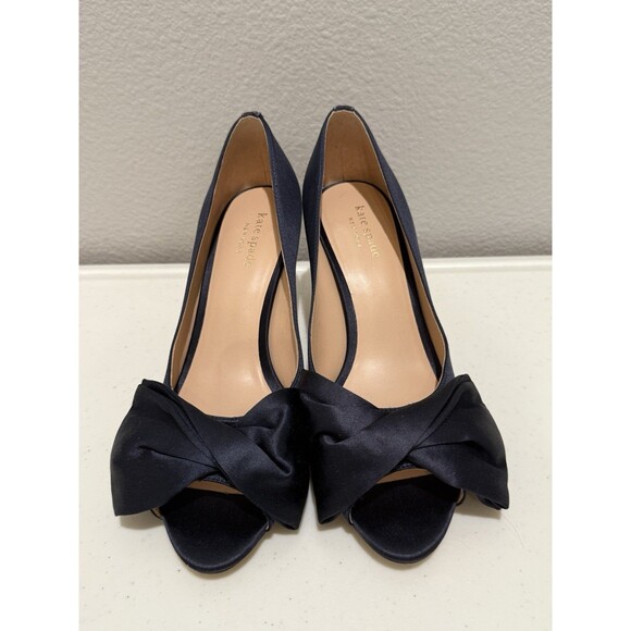 kate spade new york Shoes - Kate Spade Heels  Size 7.5 Crawford Peep-Toe Bow Pumps Navy Satin